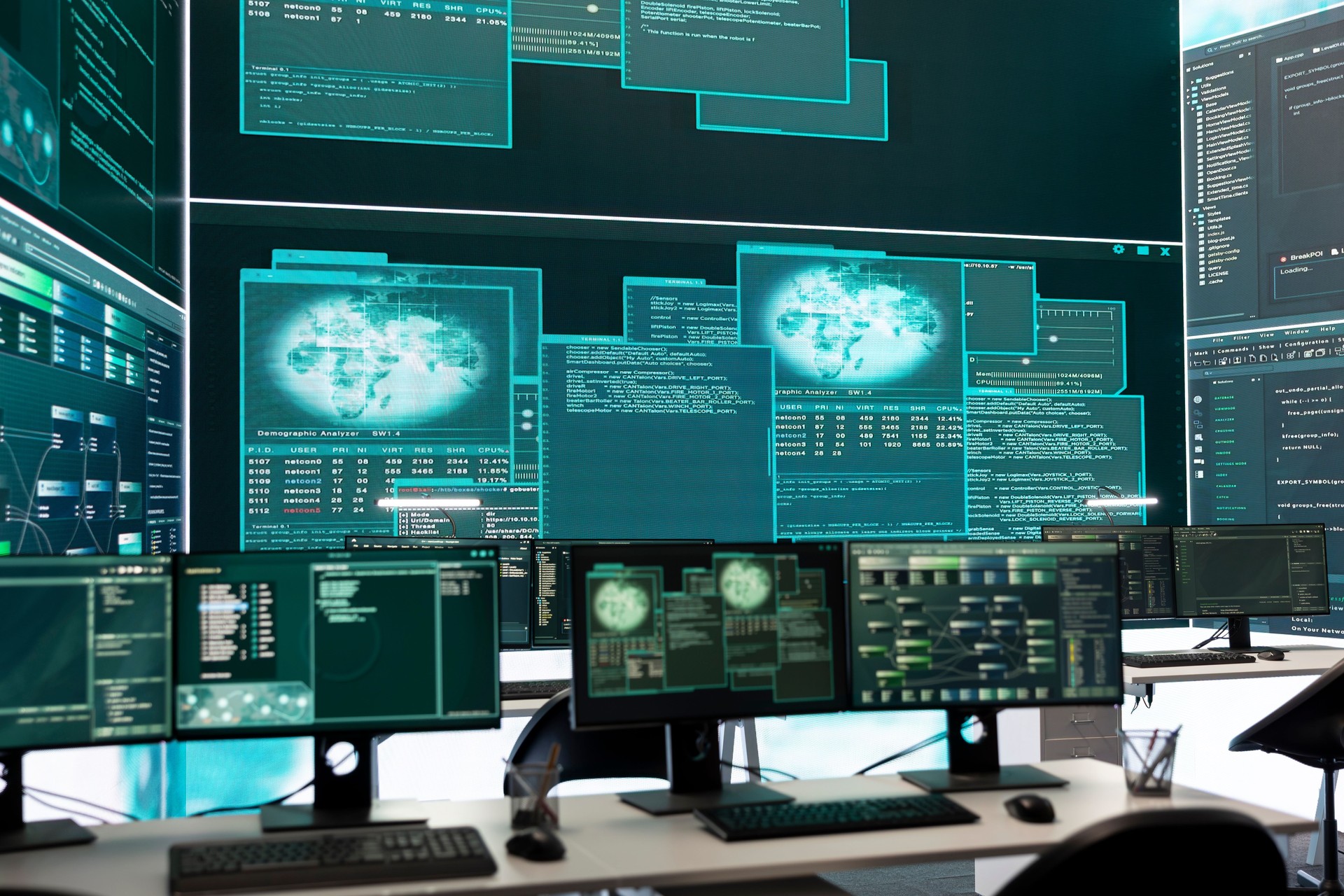 Empty governmental cyber defense and surveillance room